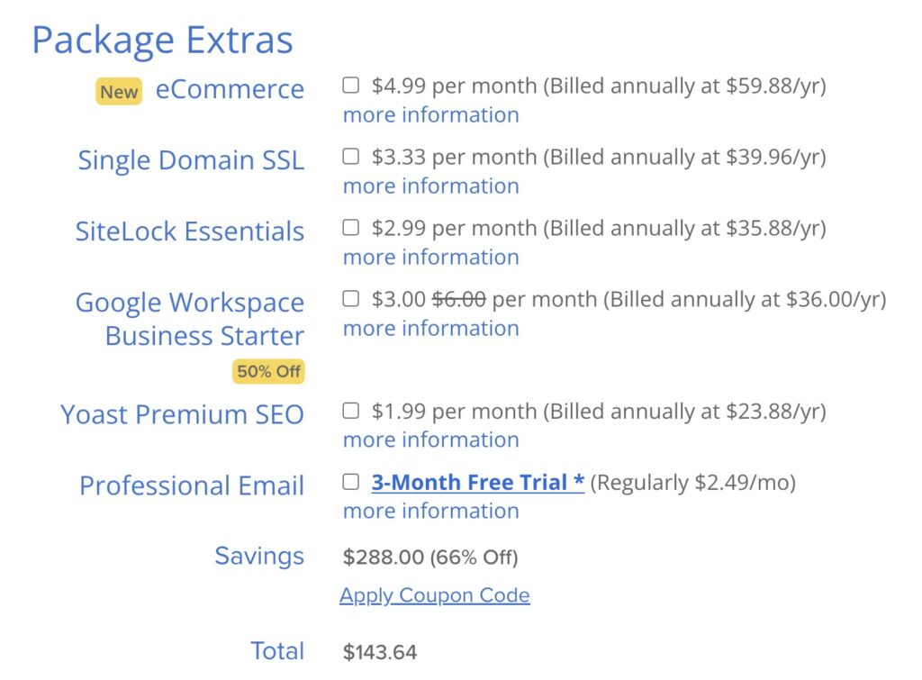 Choosing Bluehost Package Extras for Beginner Bloggers (Screen Shot)
