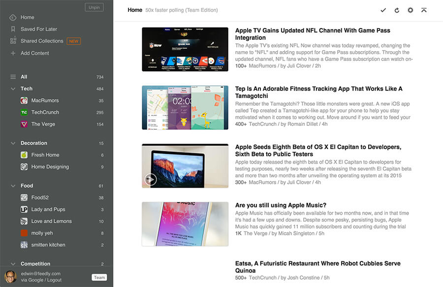 Feedly RSS Reader Application Screenshot