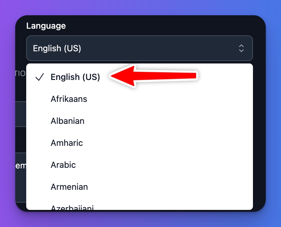 Language Output Options for YouTube Video to Blog AI Tool (Screen Shot)