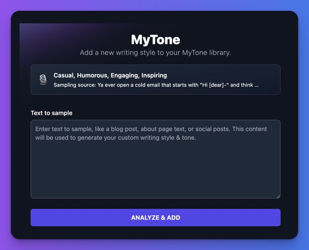 MyTone Feature in RightBlogger for Custom Writing Style (Screen Shot)