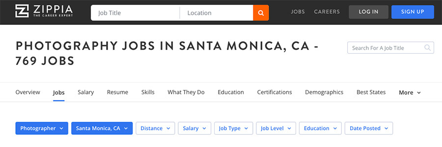 Zippia Screenshot of Freelance Jobs for Photographers