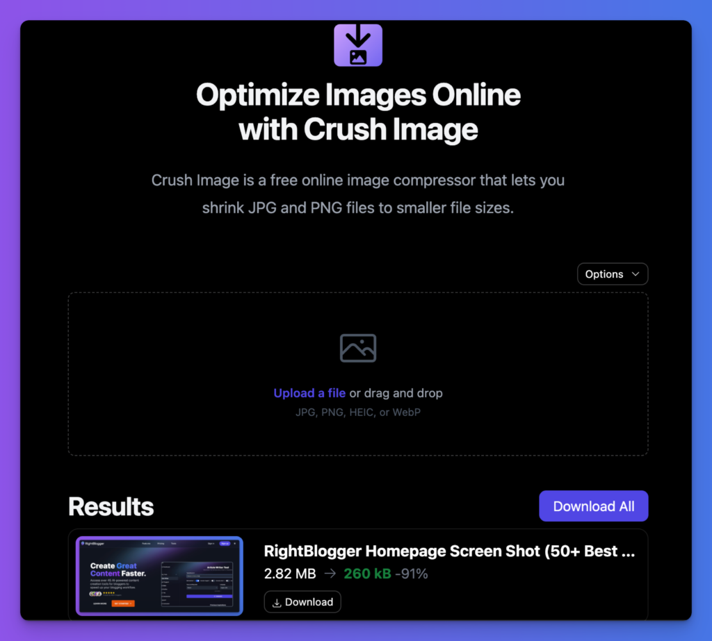 Crush Image Compressor and Optimizer for Bloggers (Screen Shot)