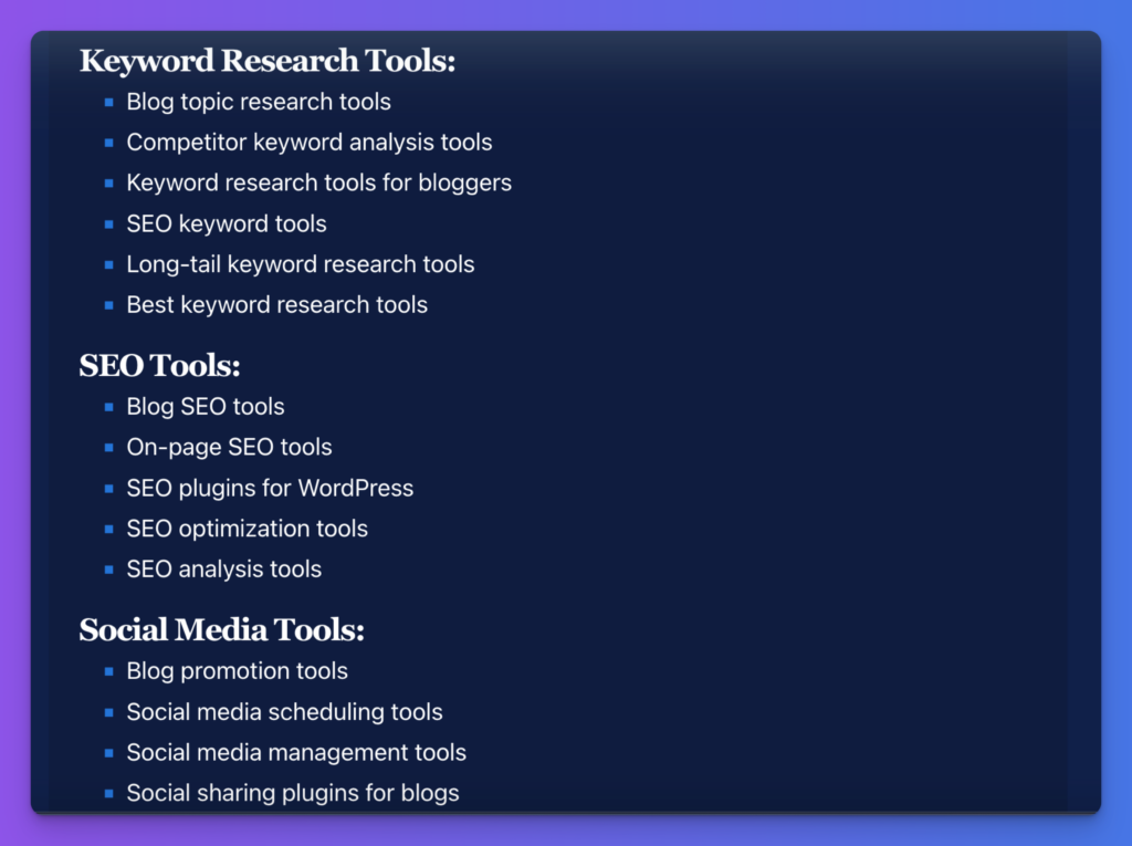 Example Results for Blogging Tools Keyword Cluster (Screen Shot)