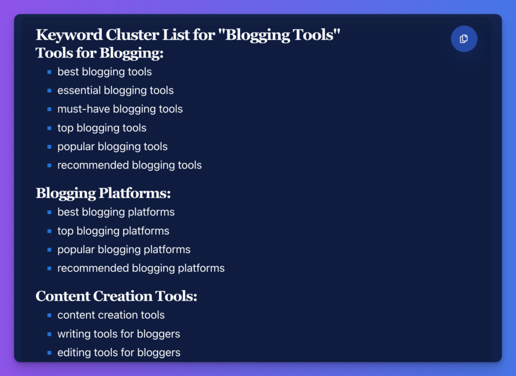 Example of a Keyword Cluster (Free Tool) Screenshot