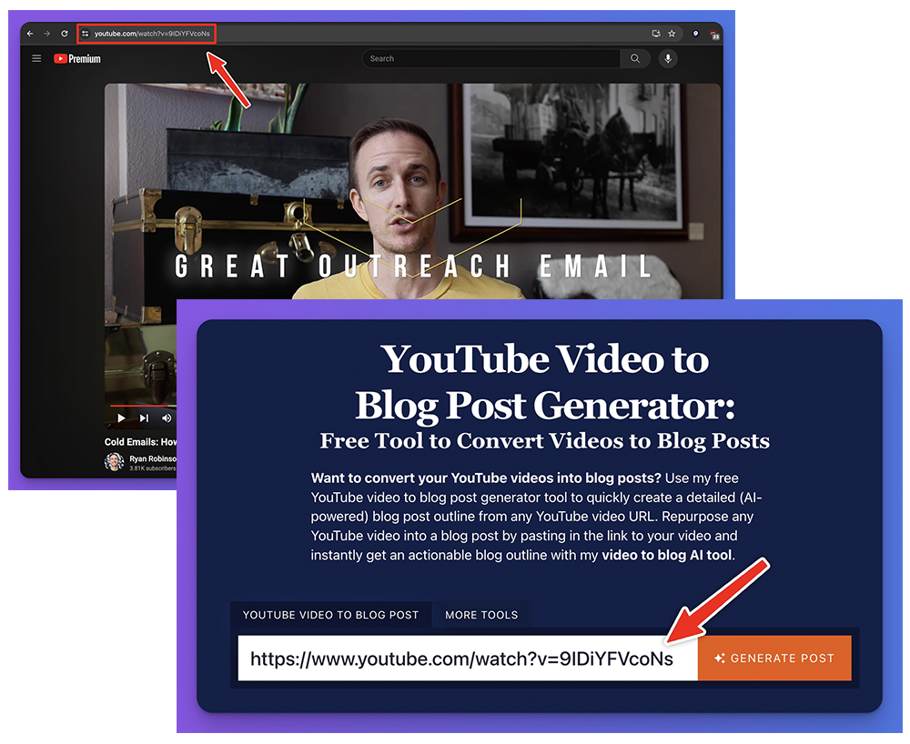 Free YouTube Video to Blog AI Converter Tool (Screen Shot of Real Example)