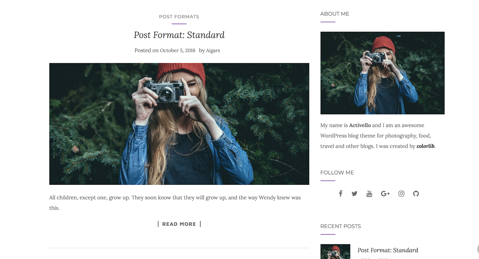 Screenshot of the Activello fashion blogging theme with the start of a post shown, plus a sidebar with About Me, Follow Me, and Recent Posts sections