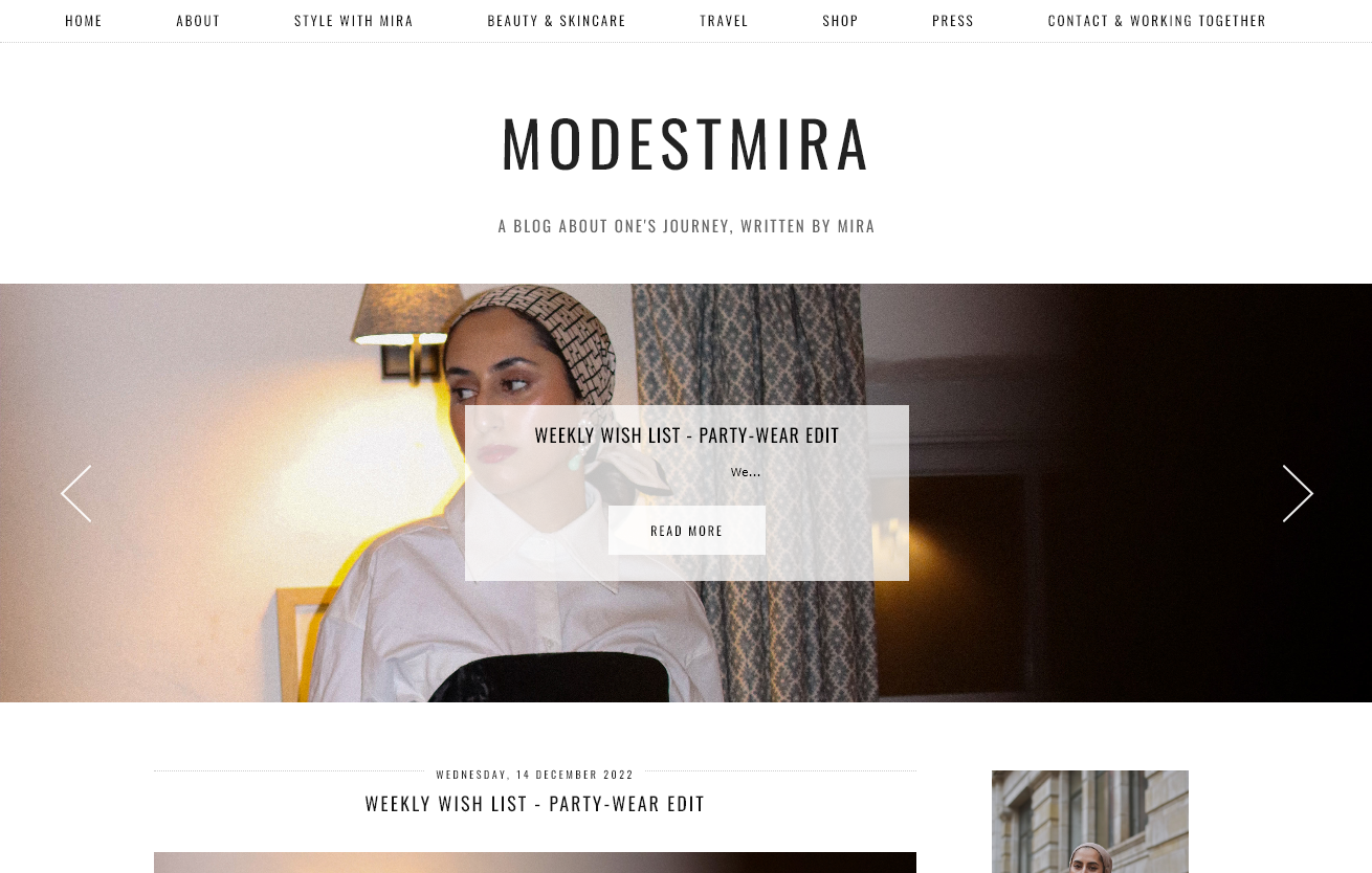 The front page of theModest Mira fashion blog
