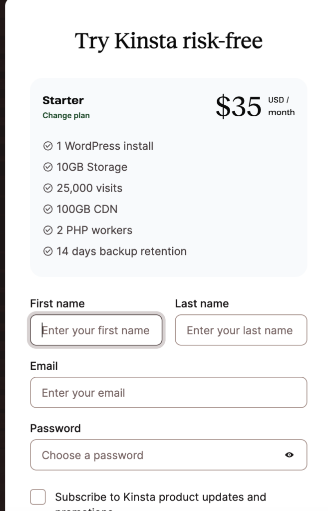 Kinsta Pricing Monthly Billed Startup Plan for Web Hosting