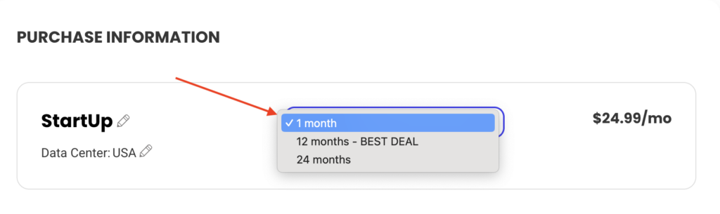 SiteGround Monthly Web Hosting Plan (Screenshot of Pricing Dropdown)